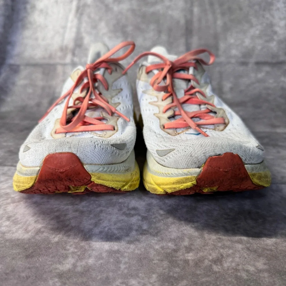 Hoka Clifton 8 Mens 11D Road Running Shoes White Yellow Coral Teal Sneaker